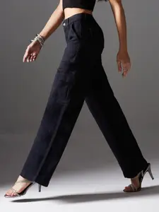 Miss Chase Women Clean Look Denim Wide Leg High Rise Stretchable Cargo Jeans