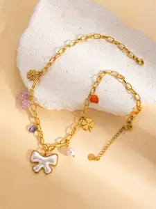 VIEN Gold-Plated Artificial Stone Studded & Beaded Stainless Steel Statement Necklace