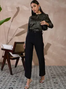 all about you Animal Printed Tie-Up Neck Satin Puff Sleeve Top