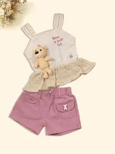 Babys Day Girls Teddy Bear Applique Work Pure Cotton Top With Shorts