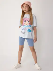 DeFacto Girls Printed Round Neck Pure Cotton T-shirt With Shorts