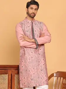 Jompers Floral Embroidered Mandarin Collar Sequinned Straight Kurtas
