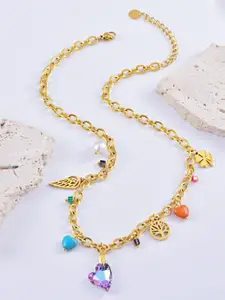 VIEN Gold-Plated Artificial Stone Studded & Beaded Stainless Steel Statement Necklace