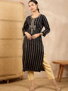all about you Striped Round Neck Sequinned Straight Kurta