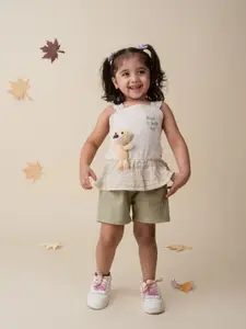 Babys Day Girls Teddy Bear Applique Work Pure Cotton Top With Shorts