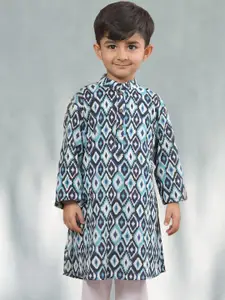 Sangria Boys Blue Geometric Printed Mandarin Collar Straight Kurta