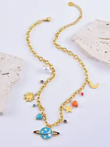 VIEN Gold-Plated Artificial Stone Studded & Beaded Stainless Steel Statement Necklace