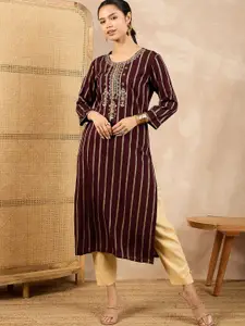 all about you Striped Printed Sequinned Round Neck Straight Kurta