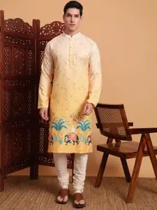 House of Pataudi Floral Printed Mandarin Collar Thread Work Straight Kurta