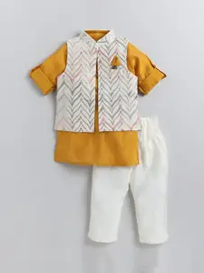 LITTLE COLLARS Boys Mandarin Collar Cotton Silk Straight Kurta With Trouser & Nehru Jacket
