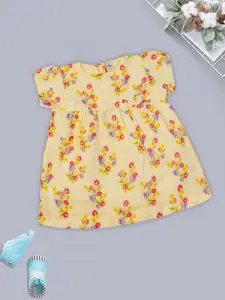 MeeMee Girls Floral Printed Puff Sleeves Cotton Fit & Flare Dress