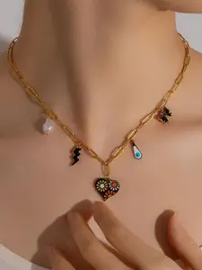 VIEN Gold-Plated Artificial Stone Studded & Beaded Stainless Steel Statement Necklace