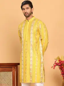 Jompers Geometric Embroidered Mandarin Collar Sequinned Straight Kurta
