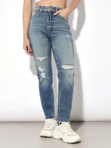 ONLY Women Straight Fit High-Rise Mildly Distressed Light Fade Jeans