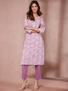 Fabindia Floral Block Printed Cotton Straight Kurta