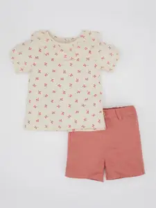 DeFacto Girls Floral Printed Round Neck Pure Cotton Top With Shorts