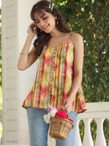 Janasya Women Floral Printed Shoulder Straps CottonA-Line Top