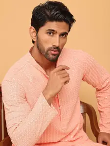 Jompers Geometric Embroidered Mandarin Collar Sequinned Straight Kurta