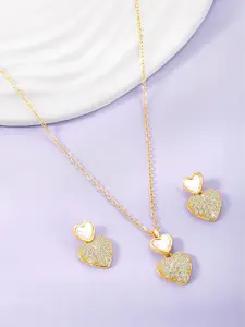 Peora Gold-Plated Cubic Zirconia Studded Heart Shaped Necklace And Earrings