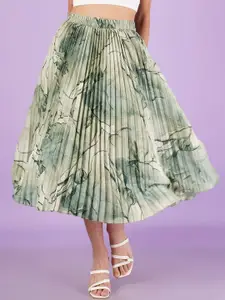 ZWERLON Women Abstract Printed Pleated A-Line Midi Skirt