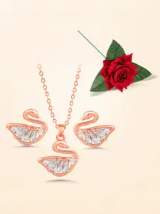 Peora Gold Plated Artificial Stones Studded Swan Pendant and Earrings With Rose
