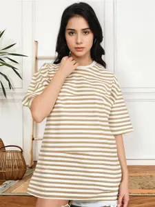 MACK JONNEY Women Striped Round Neck Cotton Oversized T-shirt