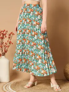 ZWERLON Floral Printed Pleated A-Line Maxi Skirt