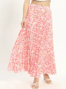 ZWERLON Women Floral Printed Accordion Pleats A-Line Maxi Skirt