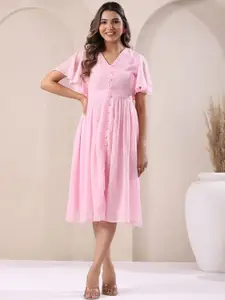 Janasya Women Light Pink Dobby Chiffon Self Design Fit and Flare Dress