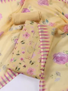 Meena Bazaar Floral Printed Mirror Work Linen Unstitched Dress Material