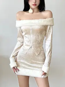 StyleCast Beige Self Design Off Shoulder Top & Mini Skirt