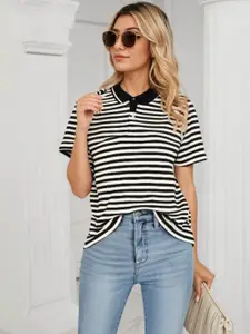 MACK JONNEY Women Regular Fit Striped Polo Collar Cotton T-shirt