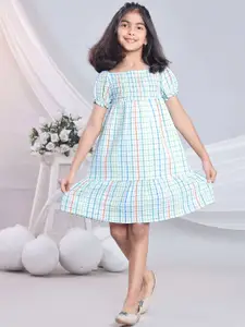 BAESD Girls Checked Puff Sleeve Pure Cotton Fit & Flare Dress