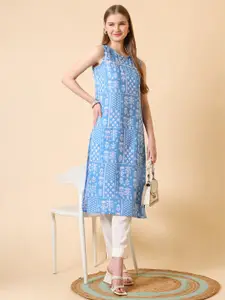 SANGOURI Floral Printed Notch Neck Sleeveless Straight Kurta