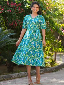 Janasya Women's Multicolor Linen Cotton Floral Printed Fit & Flare Dress