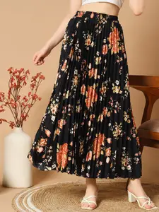 ZWERLON Women Floral Printed Pleated A-Line Maxi Skirt