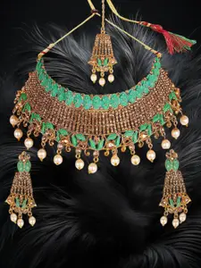 Anouk Green Gold-Plated Artificial Stone & Beads Beaded Chokar With Earrings & Maang Tika