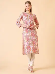 SANGOURI Floral Printed Notch Neck Straight Kurta