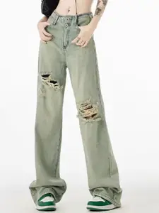 DressBerry Women Cotton Mildly Distressed Wide Leg Jeans