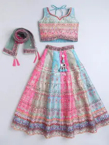 NKV Girls Printed Mirror Work Sweetheart Neck Art Silk Lehenga With Blouse And Dupatta