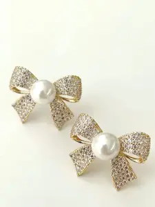 Celestique Cubic Zirconia & Pearls Studded Bow Shaped Studs
