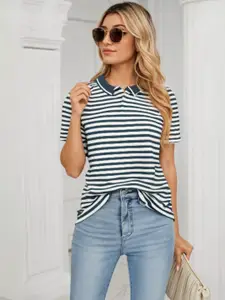MACK JONNEY Women Regular Fit Striped Polo Collar Cotton T-shirt