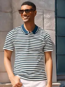 MACK JONNEY Men Regular Fit Striped Polo Collar Cotton T-shirt