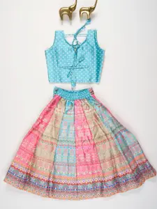 NKV Girls Printed Mirror Work Sweetheart Neck Art Silk Lehenga With Blouse And Dupatta