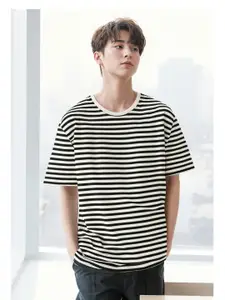 MACK JONNEY Men Striped Round Neck Cotton Oversized T-shirt
