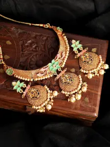 Anouk Gold-Plated Artificial Stones Studded & Beaded Necklace With Earrings & Maang Tikka