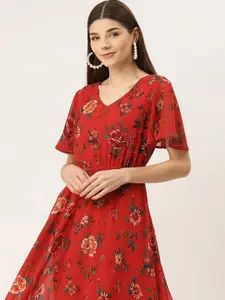 DressBerry Floral Print V-Neck Flared Sleeve Fit & Flare Maxi Dress