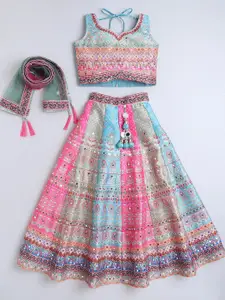 NKV Girls Printed Mirror Work Sweetheart Neck Art Silk Lehenga With Blouse And Dupatta