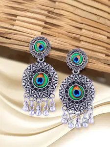 Anouk Green Rhodium-Plated Contemporary Shaped Oxidised Jhumkas