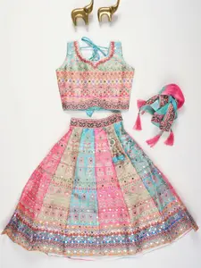 NKV Girls Printed Mirror Work Sweetheart Neck Ready to Wear Lehenga With Blouse & Dupatta